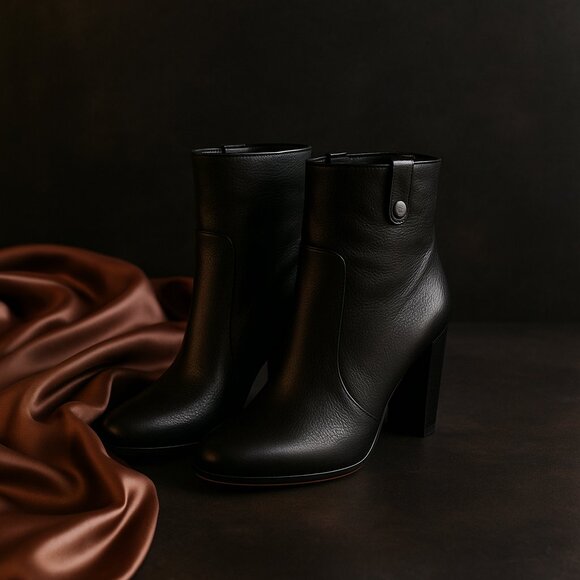 NWOT Paige Black Pebbled Leather Heeled Ankle Booties w/ Pewter Stud Size 7.5 - Picture 2 of 15